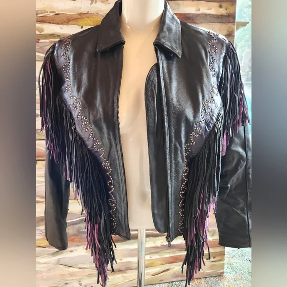 VTG 80s Black Leather Pink Purple Fringe Bike Zip Up Elastic Waist Jacket M - Picture 10 of 16